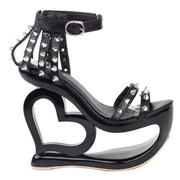 Size Europe 37, U.S.A 6 1/2,Black, SHOW STORY Spiked, heart cut heal platforms! - Picture 1 of 15